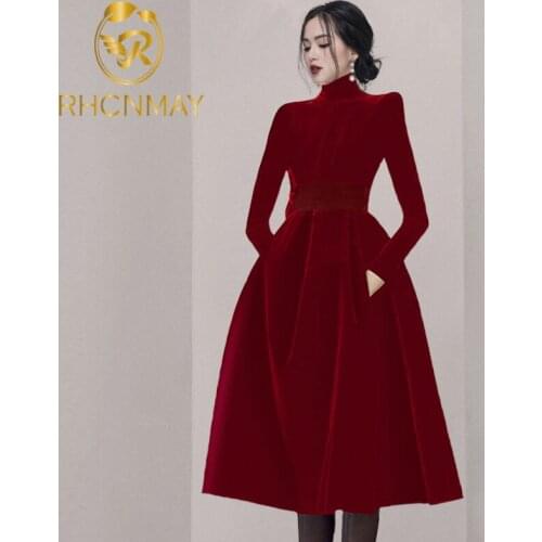 New 2021 Autumn Winter Dress Gold Velvet Black Womens Clothing Vintage High Waist Turtleneck Collar Ladies Midi Party Vestidos