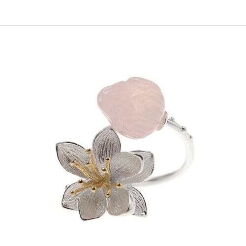L&P Natural Gemstone Rose Quartz Authentic 100% 925 Sterling Silver Ring For Women Lady Flower Ring Original Wedding Jewelry