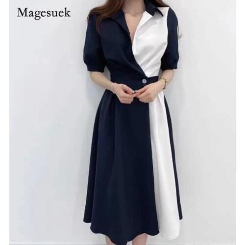Korean Style Summer Dress Office Lady Lace-Up Short Sleeve Dress Women Button A-line Elegant Long Dresses Robe Femme New 15185