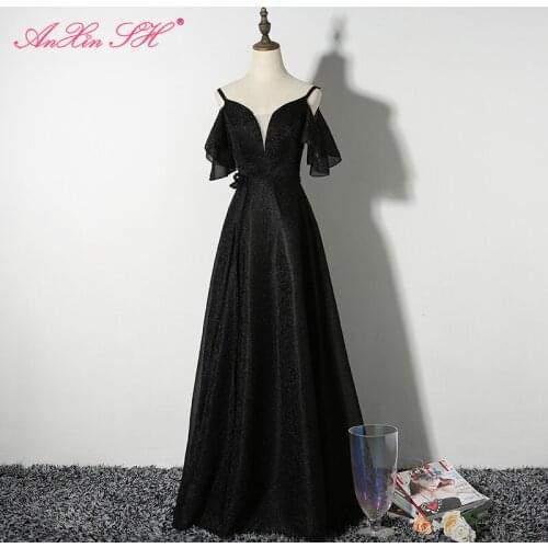 AnXin SH princess black sparkly lace evening Dress vintage party spaghetti strap performance evening dress little black dress