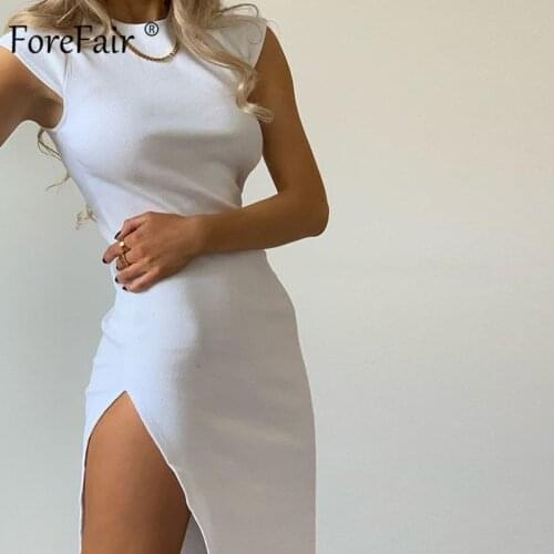Forefair Summer Dress Women Sexy Bodycon O Neck Slit Short Sleeve Midi Solid Black White Party Dress Women