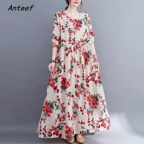 Anteef long sleeve cotton vintage floral dresses for women casual loose woman summer spring autumn dress elegant clothes 2021