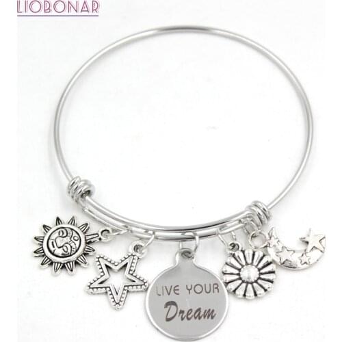 1PC Inspiration Stainless Steel Bangle Live Your Dream Bangle Sunflower Star Sun Moon Bracelets for Women Jewelry Gifts