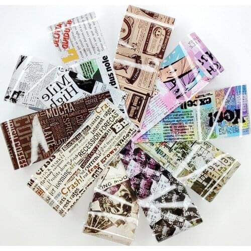 10Sheets Nail Art Old English Newspaper Stickers Letters Starry Sky Foils For Acrylic Nails Adhesive Wraps Transfer Foil Paper