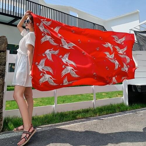2021 Chinoiserie Red-crowned crane large size 130x190cm Summer Cover-Ups Rectangle Wrap Scarf Swimsuit Bikini Beach Sarong Mats