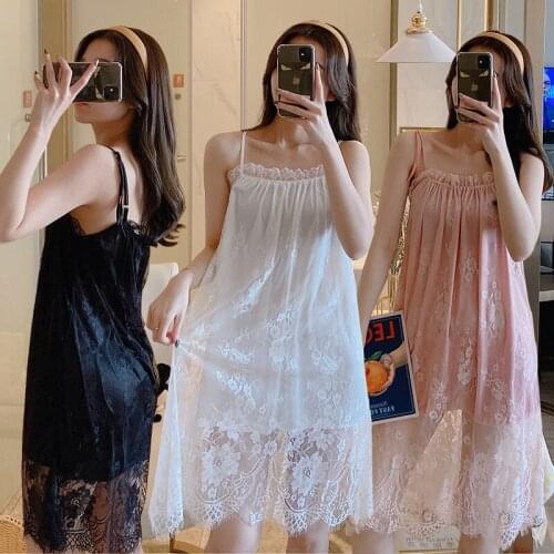 2021 Summer Silk Satin Sexy Lace Lingerie Spaghetti Strap Nightgowns for Women Nightdress Sleepwear Night Gown Home Dress Nighty
