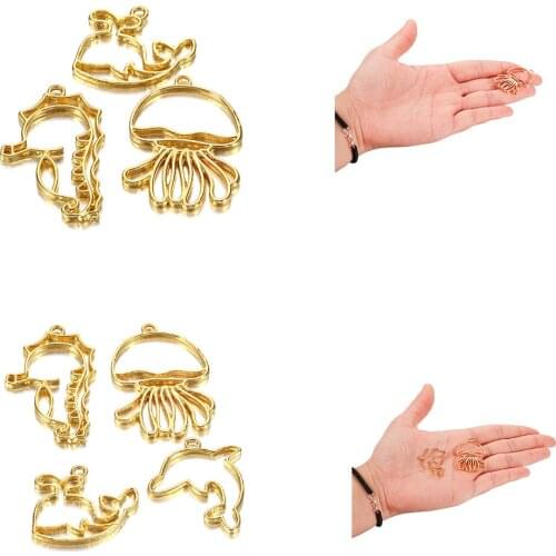 4pcs/set Gold Jellyfish Seahores Hollow Frame Open Bezels for Jewelry Findings Pendant Supplies DIY Charms Handmade UV Resin Art