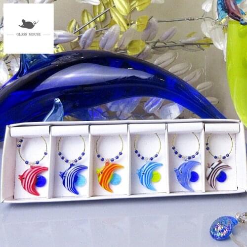 6pcs Wine Glass Goblet Charms With handmade glass Sea fish Figurines Festival Party Wine glass maker Table decoration Family Set