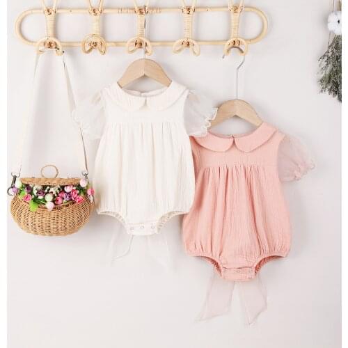FOCUSNORM 2 Colors Sweet Baby Girls Summer Rompers 0-12M Solid Peter Pan Collar Lace Puff Sleeve Back Bowknot Jumpsuits