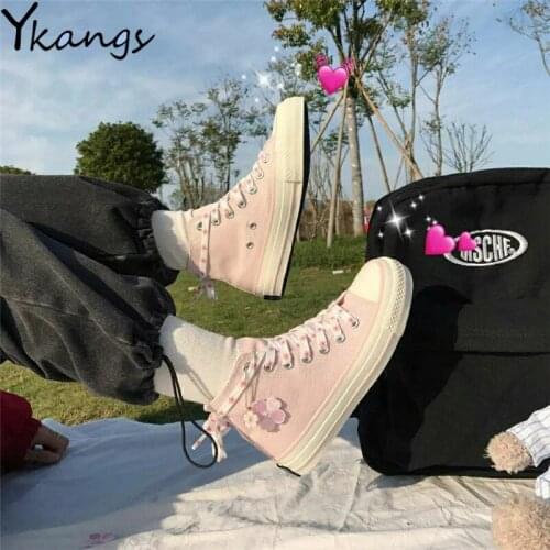 Summer Women Cartoon Cherry Blossom Pink Canvas Shoes New High-top Cross Strap Ladies Vulcanized Shoes Casual Outdoor Flat Shoes