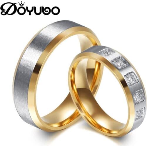 DOYUBO Gold & Silver Color Titanium Steel Lovers' Rings Be Engraved Logo Inside White Square Cubic Zirconia Couples Rings DF041