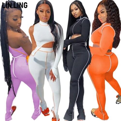 LINLING Sexy Hollow Out Shoulder High Neck Short Open Navel Single Sleeve Pants Slim Elastic Two Piece Outfits for Women