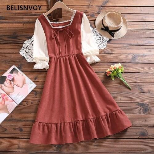 Mori Girl Cute Sweet Dress Japan Style Lolita Autumn Winter Fake Two Piece Bow Ruffles Women Vintage Midi Elegant Vestidos