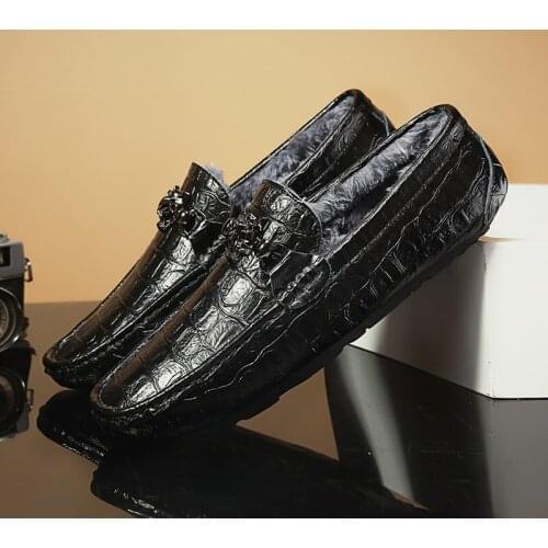 Winter Shoes Men Fur Loafers Leather Moccasin Crocodile Style Footwear Fashion Slip on Flat Driving Casual Shoes Plush Classical