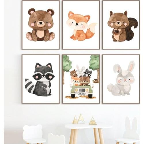 Cartoon Rabbit Squirrel Bear Civet Cat Nursery Wall Art Canvas Painting Nordic Posters And Prints Wall Pictures Kids Room Decor