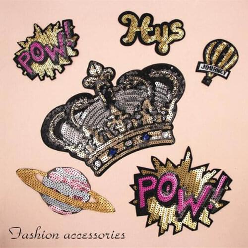 Crown POW Hugs Sequins Patches Cap Shoe Iron On Embroidered Appliques DIY Apparel Accessories Patch Clothing Fabric Badge BU94