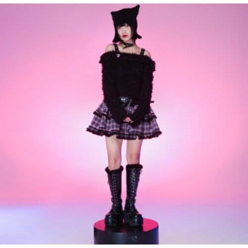 New Harajuku Gothic Pink Cool Girl Fashion Temperament Lolita Dresses Autumn Winter Sweet Pink Plaid Halter Kawaii Dress