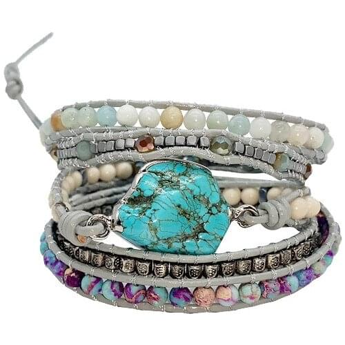 New Unique Mixed Natural Stone Turquoise Bracelet 5 Strand Wrap Bracelet Handmade Boho Bracelet Ladies Leather Bracelet