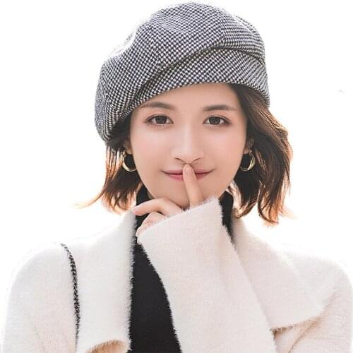 New Elegant Women Plaid Beret For Fashion Autumn Winter Female Cotton Wool Hats Cap Autumn Brand New Womens Painter Hat TG0288