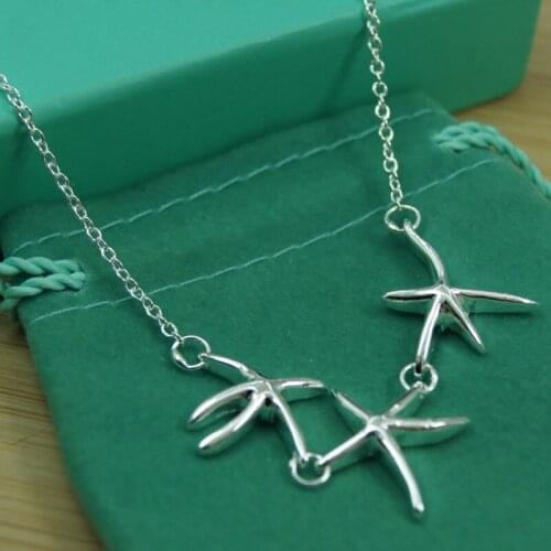 925 Silver Three Starfish Pendant Necklace For Women Engagement Wedding Charm Jewelry Gifts Christmas Present
