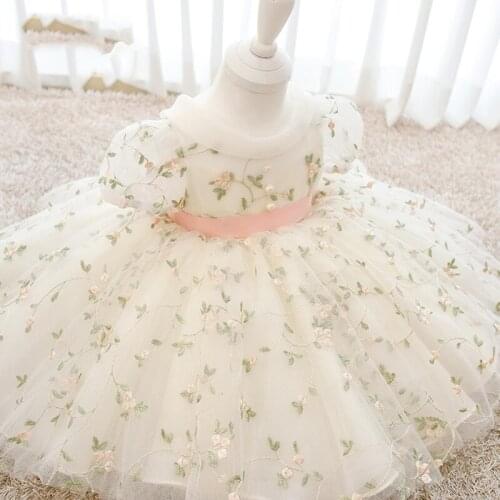 Girls dress baby round neck small fresh floral one year old dress baby one year old pink bow tutu skirt children princess dress