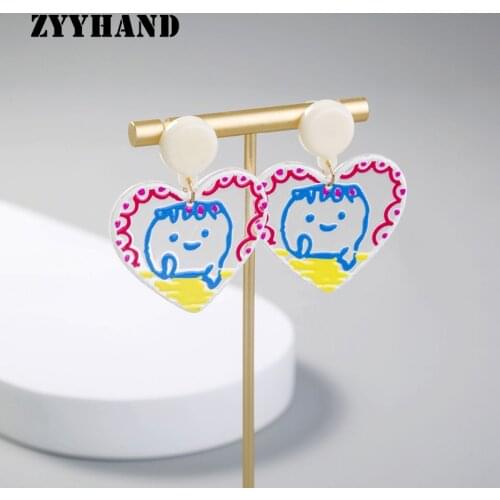 Transparent Cartoon Baby Women Drop Earring Girl Heart Painting Children Draw Cute Party Ear Jewelry