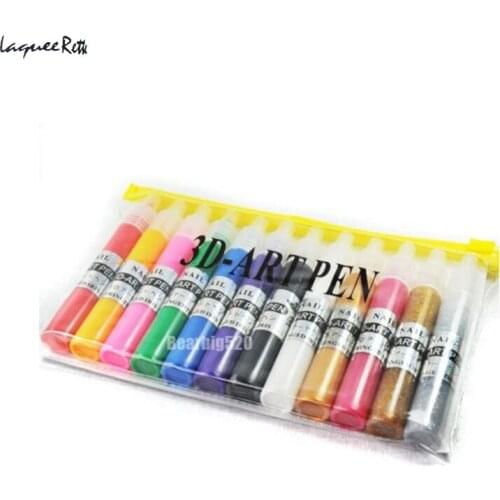 Good Quality 12 Colors Nail Art Pen For 3D Nail Art DIY Decoration Nail Polish Pen Set 3D Design Paint Pen