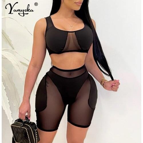 Sexy y2k see through Mesh 2 two piece summer shorts sets women outfits casual fashion biker short and tank corset crop top suits