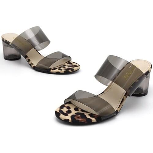 Clear transparent band open toe round heel slippers sexy younger women leopard summer slides elegant crystal high heel flipflops