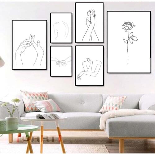 Modern Minimalist Black and White Living Room Sofa Background Wall Lines Hand Red Lips Hanging Painting Wall Art Canvas Oil