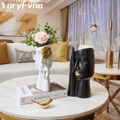 YuryFvna Minimalist Portrait Vases Resin Sculpture Black Human Head Vase Pot Office Desk Flower Arrangement Home Decoration