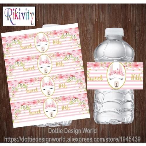 Custom Pink Flower Alpaca Sweet 16 Water Bottle Wine Labels Mini Candy Bar Wrapper Stickers Bridal Baby Shower Party Decoration