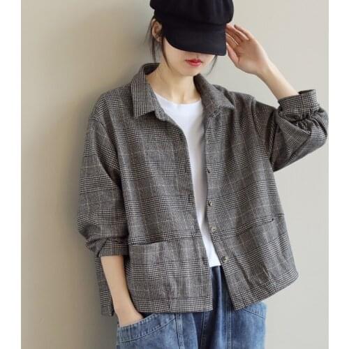 Women Spring Autumn Loose Plus Size Plaid Printing Jacket Female Turn Down Collar Long Sleeve Lattice Literature And Art Coat