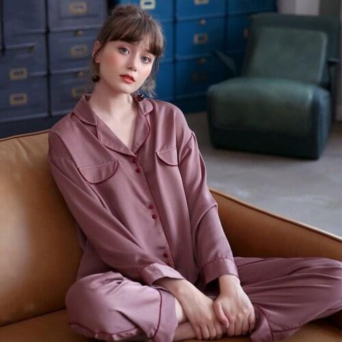 Women Big Size 2PCS Long Sleeve Trousers Pajamas Set M-3XL Spring Autumn New Satin Sleepwear Fashion Pijama Lounge Home Clothes
