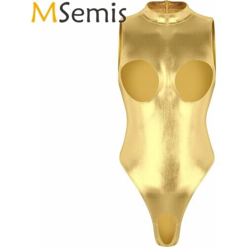 Womens Crotchless Swimsuit One-piece Wetlook Leather Swimwear Turtleneck Open Bust Teddy Bodysuit Bathing Suit Clothes