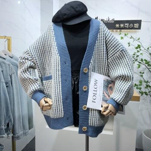 Casual V Neck Women Knitted Sweater Long Sleeve Single Breasted Female Korean Loose Cardigan Striped Ladies Sweater Blue Red