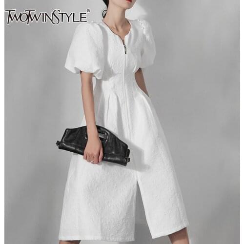 TWOTWINSTYLE Temperament Split Womens Dress Round Neck Puff Short Sleeve Gathered Waist Korean Midi Dresses Female 2021 Stylish