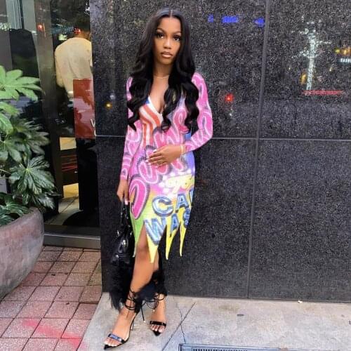 2021 New Fashion Elegant Style Women Dress V Neck Low Cut Irregular Long Sleeve