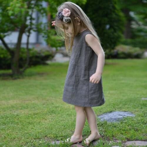 100% linen Girls Dresses Summer 2020 Casual Sleeveless Solid Toddler Kid Dress with pockets TZ22