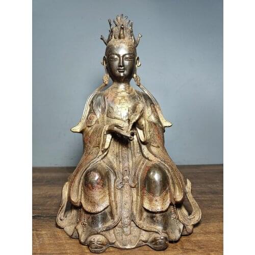 11"Tibet Buddhism Temple Old Bronze Cinnabars Statue of Mazu Our Lady of Heaven Buddha Statue Poseidon bless Smooth wind