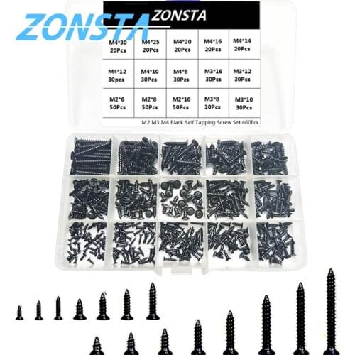 460Pcs Black Flat countersunk head wood screws Carbon steel M2 M3 M4 Philips cross Self tapping Small screws Assortment Kit