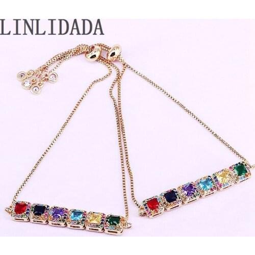 6Pcs Fashion Adjustable Micro Pave CZ Rainbow For Women Girls Zirconia Colorful Party Slide Chain Bracelets