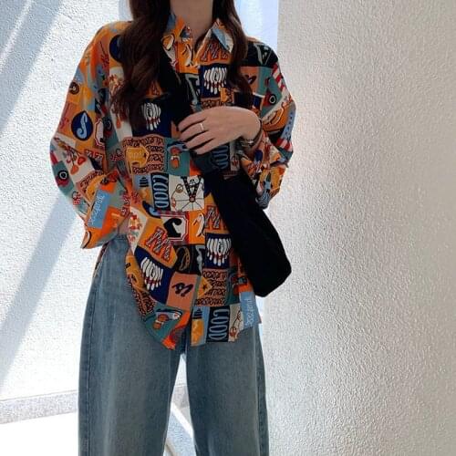 HOUZHOU Blouses Women Printed Shirts Harajuku Vintage Style Blouse Chic Woman Blouse Long Sleeve Cardigan Fashion Spring 2021