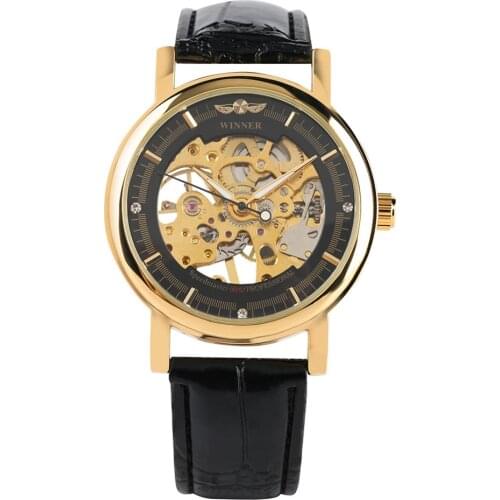 Mens Business Hand-Wind Mechanical Watch Golden Skeleton Dial Transparent Gear Watch Stainless Steel Case Best present