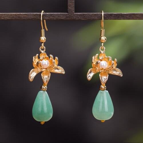 Flower Golden National Chinese Flower Blooming Happy Beizhu Earrings with Fresh Temperament Dongling Jade