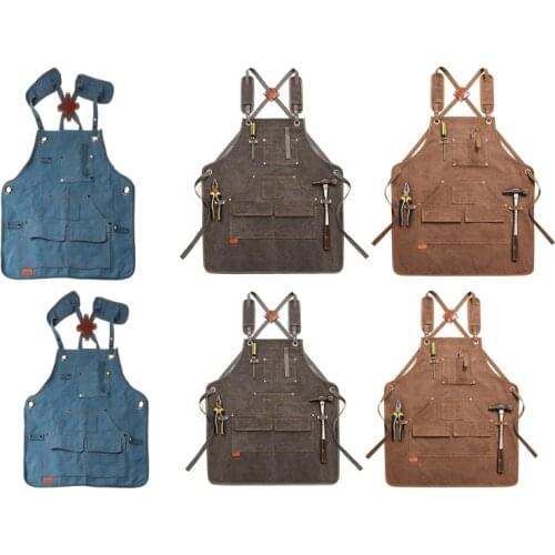 Children Durable Goods Heavy Duty Waxed Unisex Canvas Work Apron with Tool Pockets Cross-Back Straps Adjustable