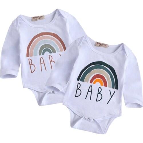 Newborn Baby Girls Boys Rainbow Bodysuits Cotton Long Sleeve Fashion Letter Print Jumpsuits 2 Colors