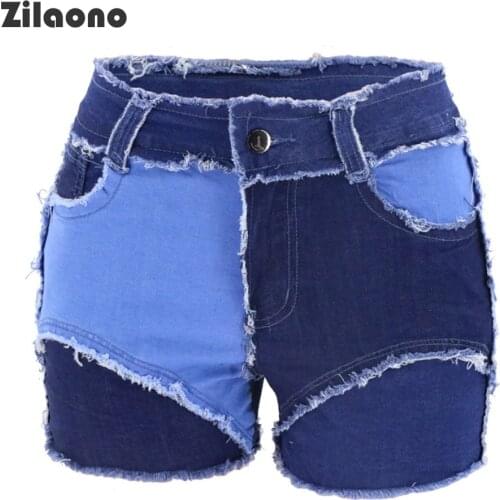 Summer Women Mid Waisted Shorts Sexy Patchwork Patched Raw Hem Frayed Booty Shorts Distressed Club Butt Lift Skinny Short Jeans