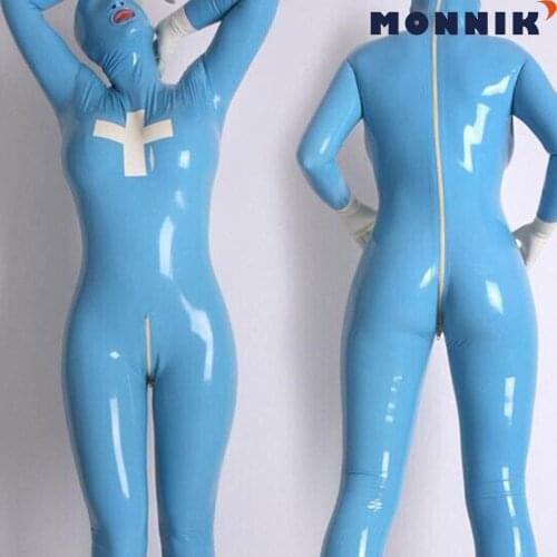 MONNIK latexSexy Long Sleeve Latex Bodysuit Men W/O Socks Party Wear Rubber Jumpsuits 0.4mm