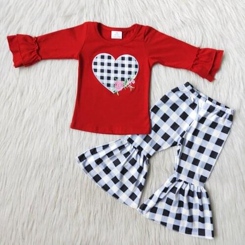 New Arrival Valentines Day Girl Fashion Outfits kids Red Color Top And Plaid Pants Toddler Girls Heart Pattern Clothing Set